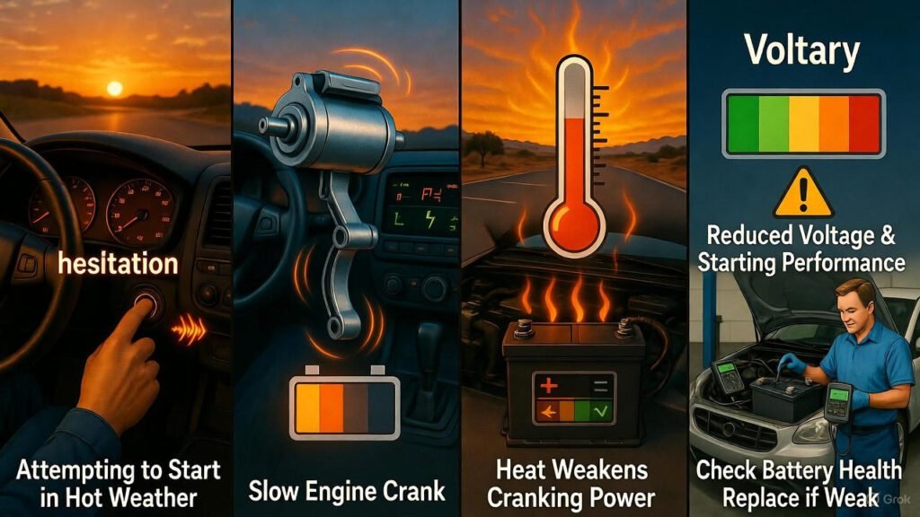Car struggling with slow engine crank in hot weather due to weakened battery cranking power and reduced voltage.