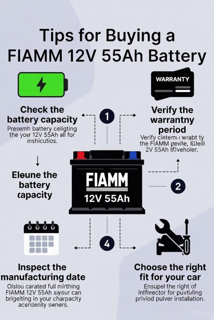 "Tips for Buying FIAMM 12V 55Ah Car Battery – Buyer’s Guide" "Infographic showing essential tips for buying a FIAMM 12V 55Ah car battery, including checking capacity, warranty, manufacturing date, and authorized purchase."