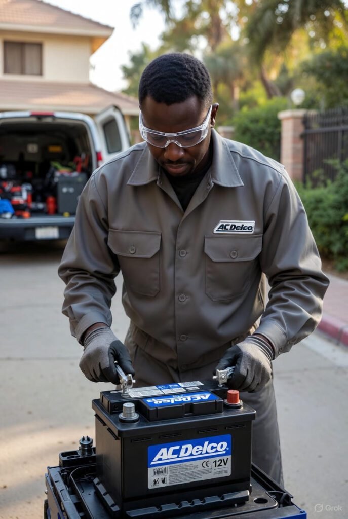 Alt Text: Mobile mechanic installing an AC Delco car battery at home in Dubai with same-day replacement.