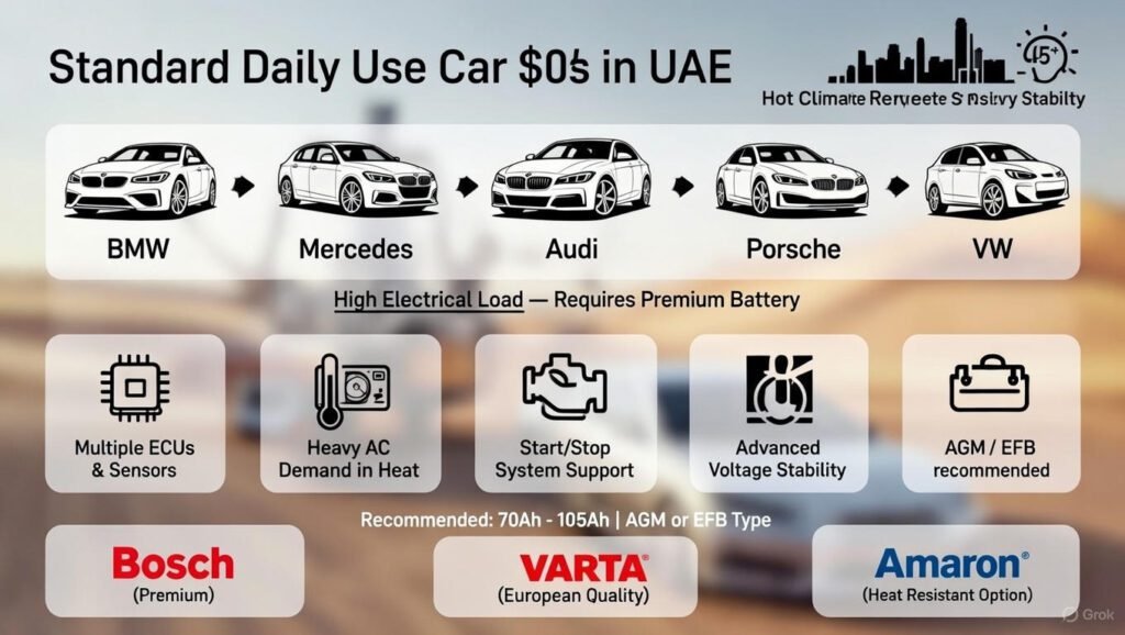 Infographic showing BMW, Mercedes, Audi, Porsche, and VW with high electrical load requirements, recommending AGM/EFB 70–105Ah batteries for UAE heat and luxury features.