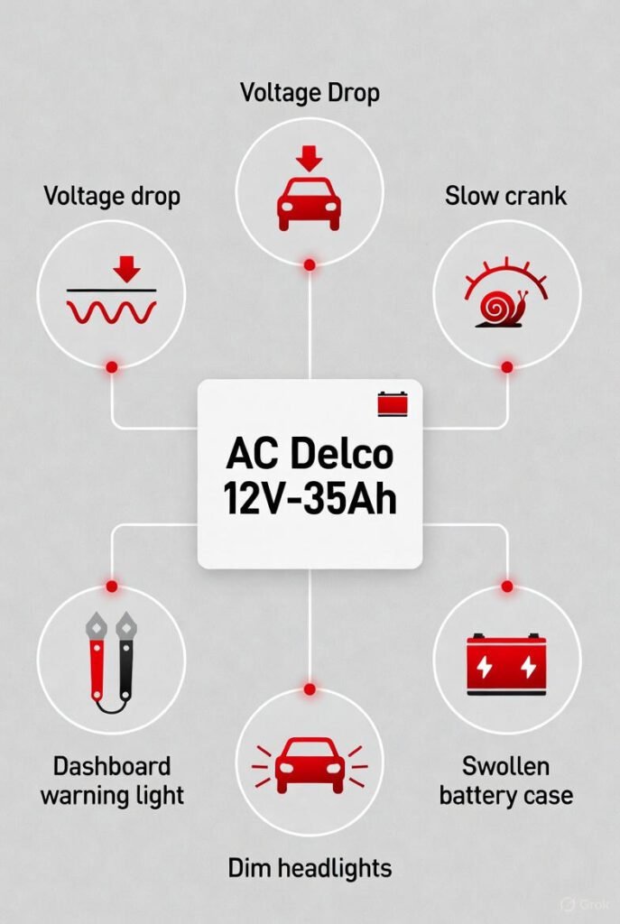 Replacement indicators for AC Delco 12V-35Ah battery including low voltage, slow crank, dashboard light, dim headlights, and swollen case signs.