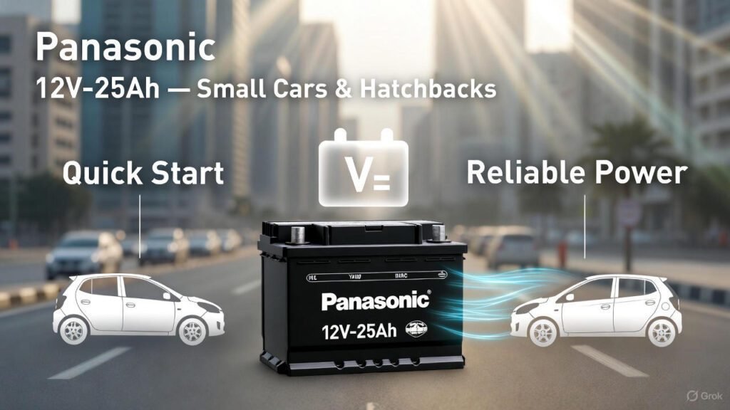 Panasonic 12V–25Ah Car Battery Dubai | Small Cars & Hatchbacks Panasonic 12V–25Ah battery for small cars and hatchbacks in Dubai streets