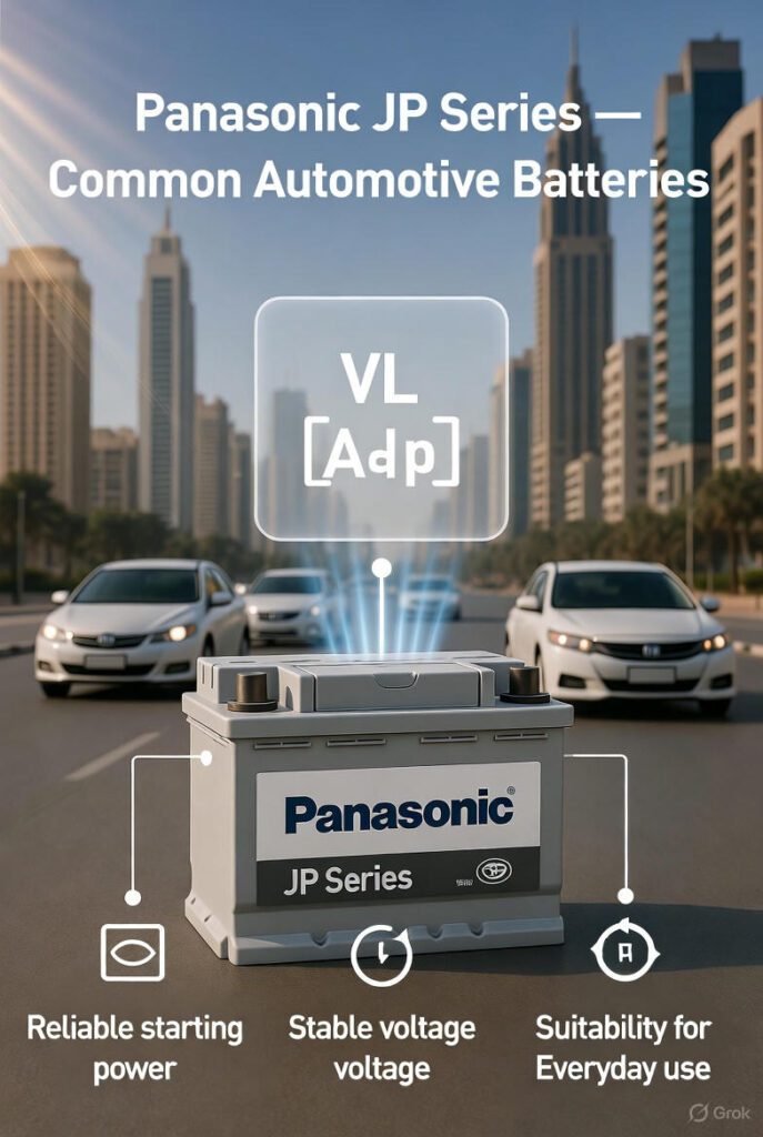 Panasonic JP Series Car Battery Dubai | Common Automotive Batteries Panasonic JP Series battery for common cars in Dubai streets