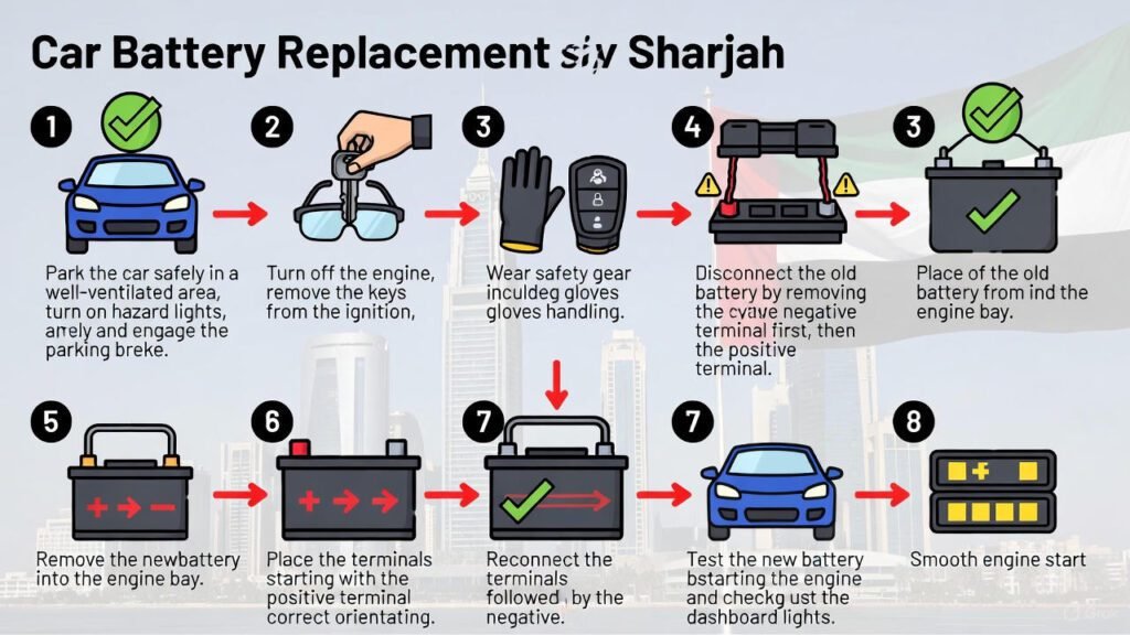 "Car Battery Replacement Process in Sharjah Infographic" "Step-by-step infographic showing the car battery replacement process in Sharjah, including safety, disconnecting the old battery, installing the new battery, and testing the vehicle."