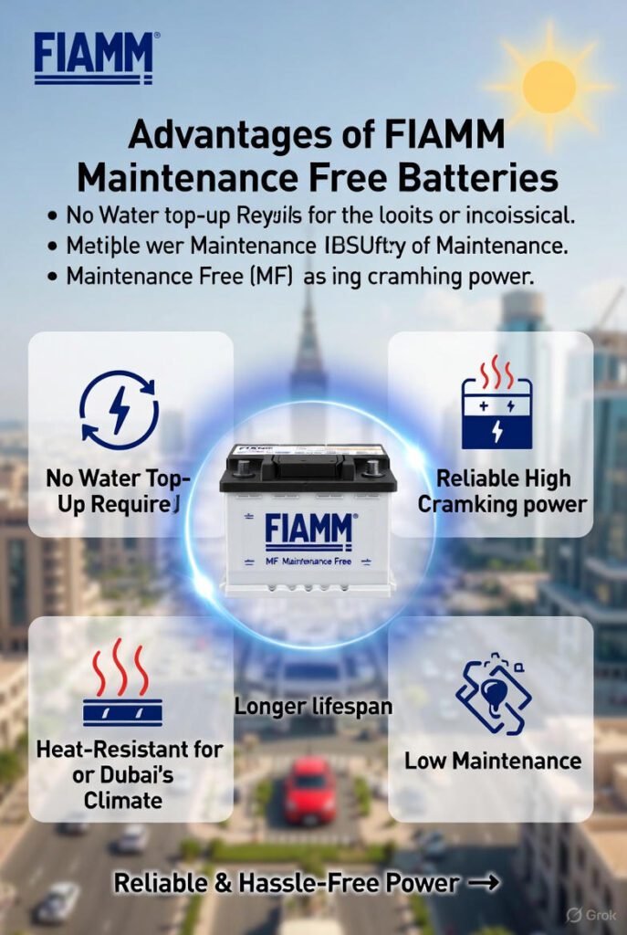 Infographic showing FIAMM Maintenance Free battery advantages: no water top-up, high cranking power, long lifespan, heat resistance, and low maintenance