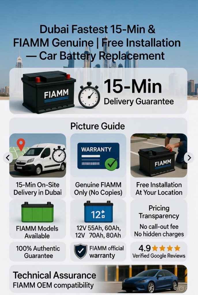 Alt Text: FIAMM car battery replacement in Dubai with 15-minute delivery and free on-site installation.
