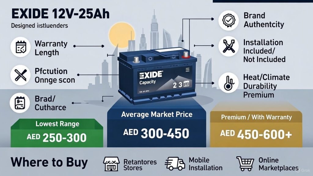 Infographic showing a price guide for Exide 12V‑25Ah battery in Dubai with price ranges (AED 250–600+), price influencers like warranty, installation, brand authenticity, and where to buy.