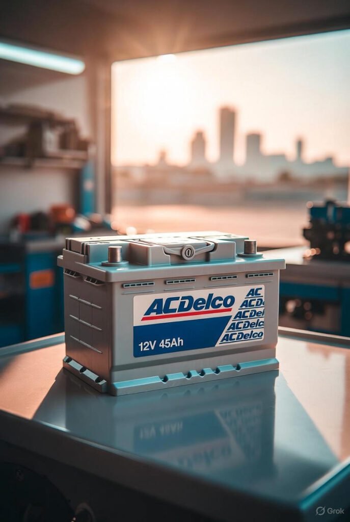 AC Delco 12V-55Ah car battery displayed in a Dubai workshop with reflective surface and skyline.