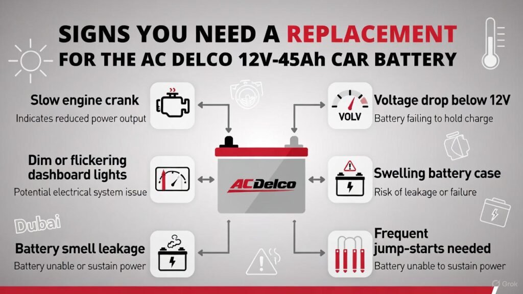 Visual guide showing warning signs that indicate AC Delco 12V‑45Ah battery replacement is needed, including slow crank, voltage drop, dim dashboard lights, swelling or leakage, and frequent jump-starts, with Dubai heat context.