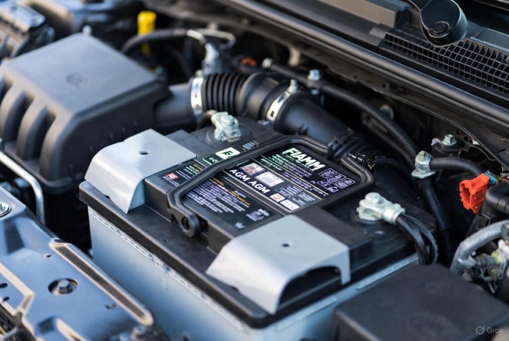 FIAMM AGM car battery installed in a modern SUV engine, showing Absorbent Glass Mat technology