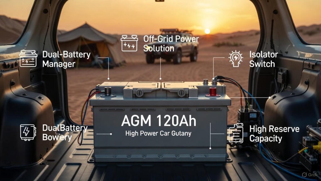 "AGM 120Ah High Power Battery for Dual Setups – Off-Grid & Adventure Ready" "AGM 120Ah high power car battery in a dual setup inside an off-road SUV powering auxiliary systems at a Dubai desert camp"