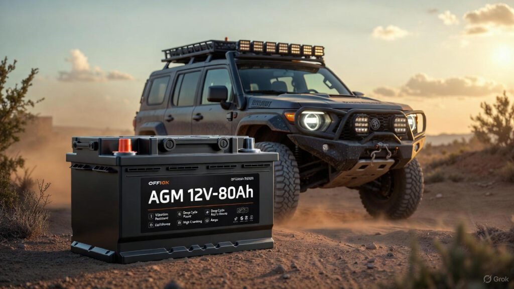 "AGM 12V-80Ah — Off-Road / Performance Grade Battery Visual" "AGM 12V-80Ah off-road performance car battery beside rugged 4x4 vehicle on desert trail at sunset"