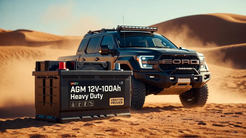 "AGM 12V-100Ah Heavy Duty Battery — Rugged Performance Visual" "AGM 12V-100Ah heavy duty car battery beside a rugged SUV in Dubai desert dunes with heat haze and sunlight"