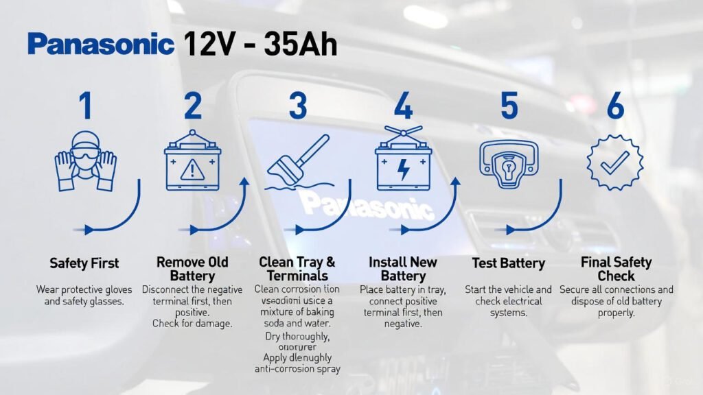 Infographic checklist showing safe installation of Panasonic 12V – 35Ah battery: safety first, remove old battery, clean tray, install new battery, test battery, and final safety check with recycling.