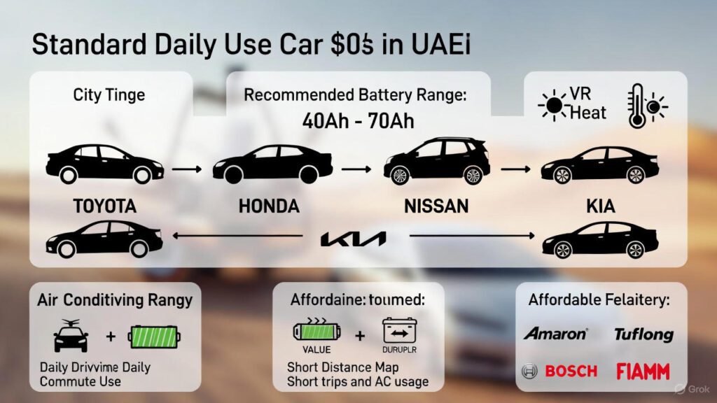 A guide showing recommended battery ranges for daily-use cars like Toyota, Honda, Nissan, and Kia, with heat-resistant battery suggestions and usage icons for UAE climate.