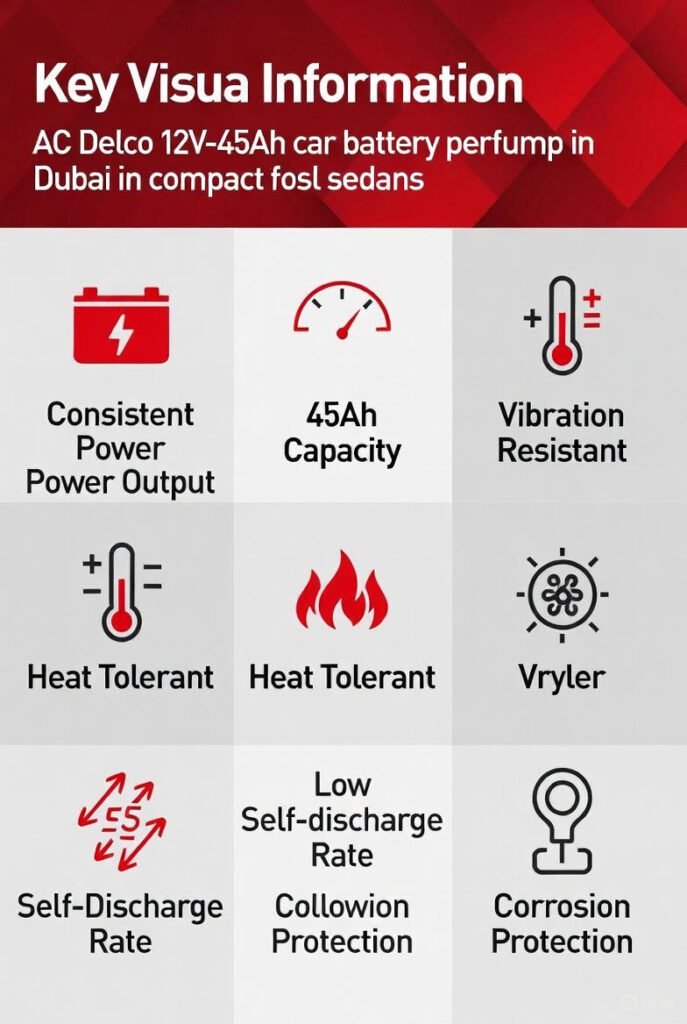 Visual guide showing key features of AC Delco 12V‑45Ah battery including power output, heat tolerance, vibration resistance, and corrosion protection.