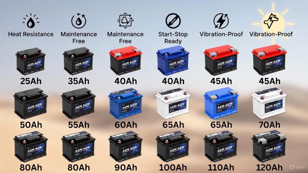 "Real Automotive AGM Battery Capacities – Complete Visual Guide" "Infographic showing real automotive AGM battery capacities from 25Ah to 120Ah with features like heat resistance, maintenance-free, and start-stop compatibility"