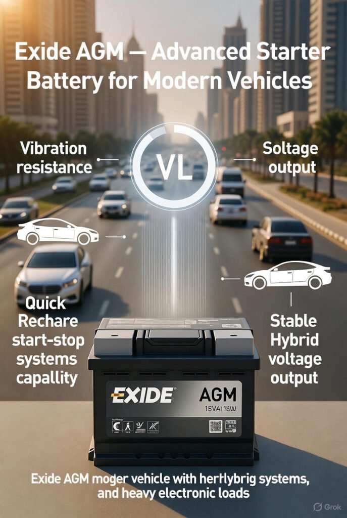 Exide AGM Car Battery Dubai | Advanced Starter Battery for Modern Vehicles Exide AGM advanced car battery for start-stop and hybrid vehicles in Dubai streets