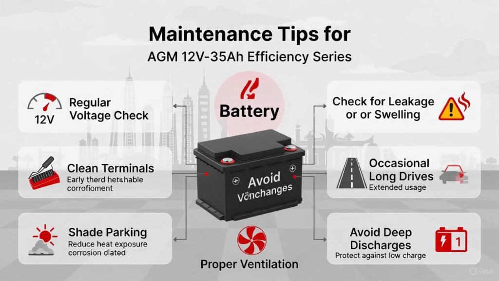 Infographic showing maintenance tips for AGM 12V‑35Ah Efficiency Series battery, including voltage checks, cleaning terminals, parking in shade, occasional long drives, avoiding deep discharge, and checking for leakage or swelling, with Dubai heat context.