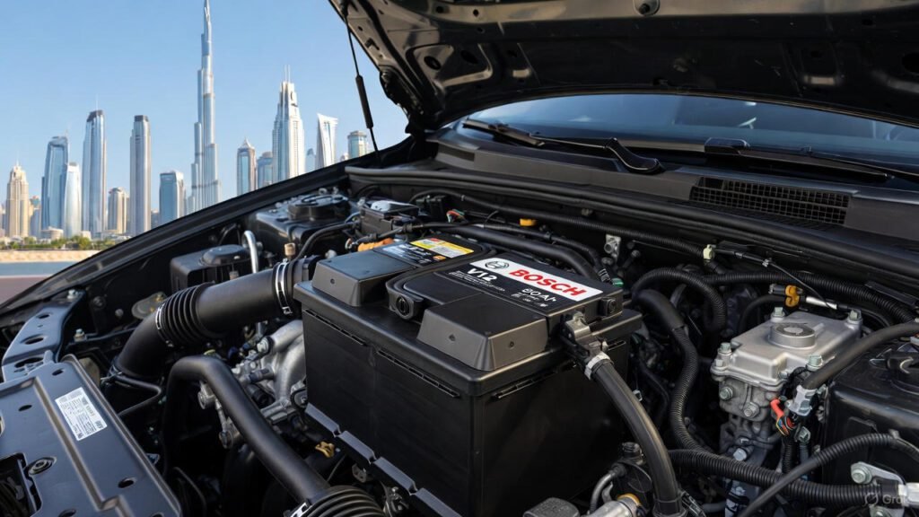 Bosch V12 80Ah battery installed in an SUV engine bay in Dubai