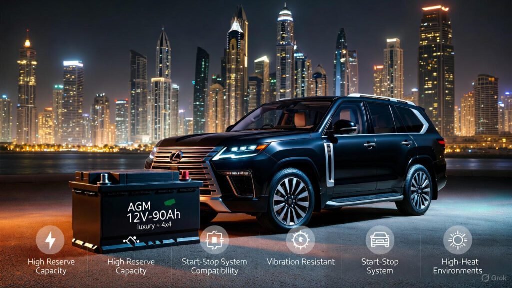 "AGM 12V-90Ah — Luxury & 4x4 Premium Battery Visual" "AGM 12V-90Ah luxury and 4x4 car battery next to premium SUV with Dubai Marina skyline at night"