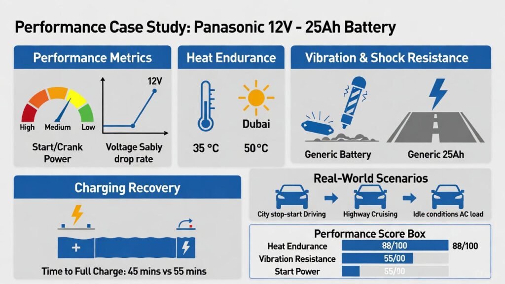 Infographic case study showing Panasonic 12V-25Ah battery performance metrics including start power, voltage stability, heat endurance, vibration resistance, and charging recovery under conditions like high UAE temperatures and urban traffic.