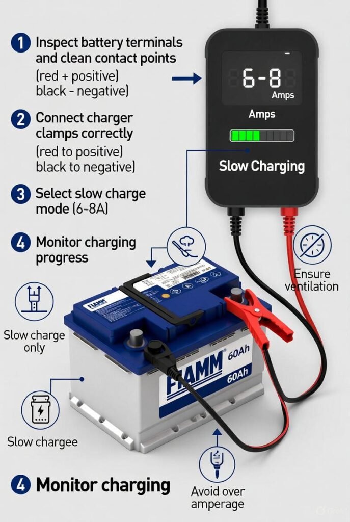 Infographic of a FIAMM 60Ah car battery connected to a smart charger at 6–8 amps, with step-by-step slow charging instructions, correct positive and negative clamp placement, progress indicator, and safety reminders.