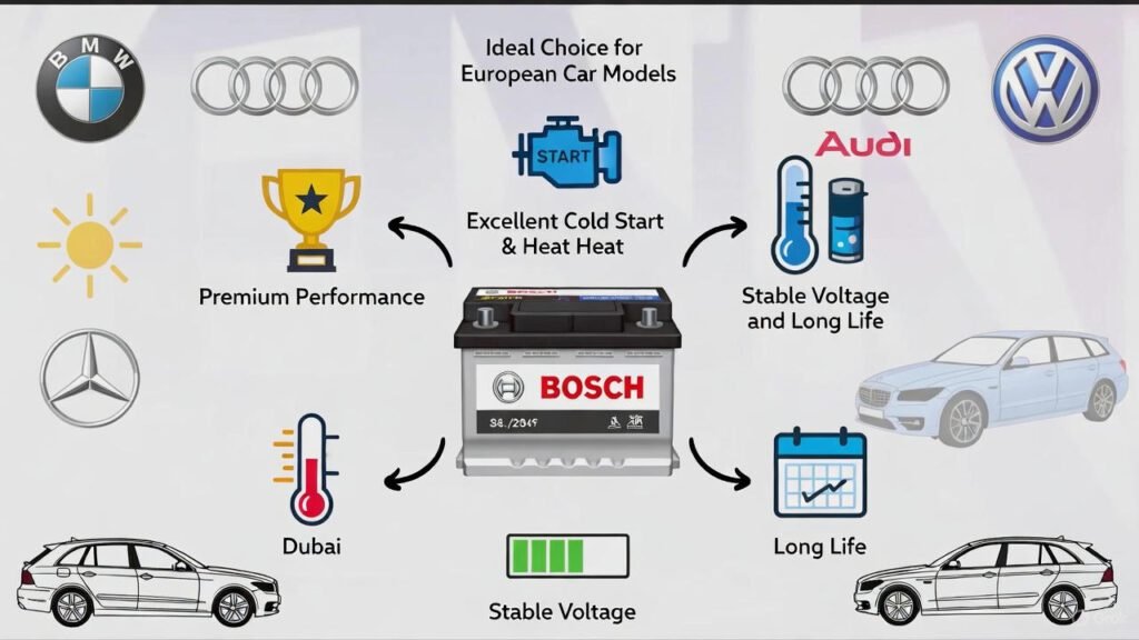 Infographic showcasing a Bosch car battery with icons for premium performance, fit for luxury European cars, stable voltage, and long life, ideal for high-end models in UAE conditions.