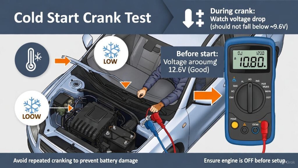 Infographic of a cold start crank test showing a multimeter connected to a car battery, voltage readings before and during cranking, and step-by-step instructions with cold weather icons.