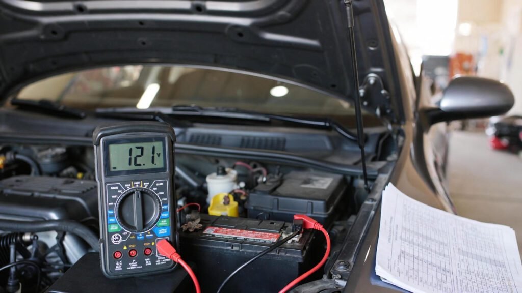 Case study showing home car battery testing results with multimeter and headlights