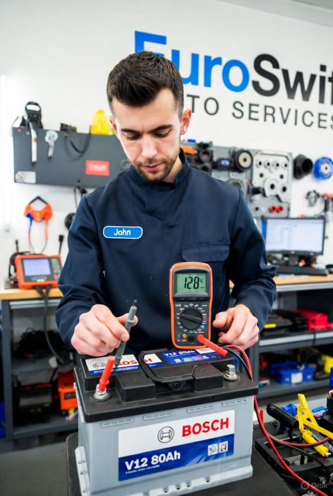 Bosch V12 80Ah Voltage Performance Testing Bosch V12 80Ah battery being tested with multimeter in Dubai workshop