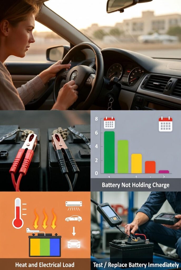 Car needing frequent jump-starts due to weak battery failing to hold charge, visual signs of repeated starting problems and diagnostic check.