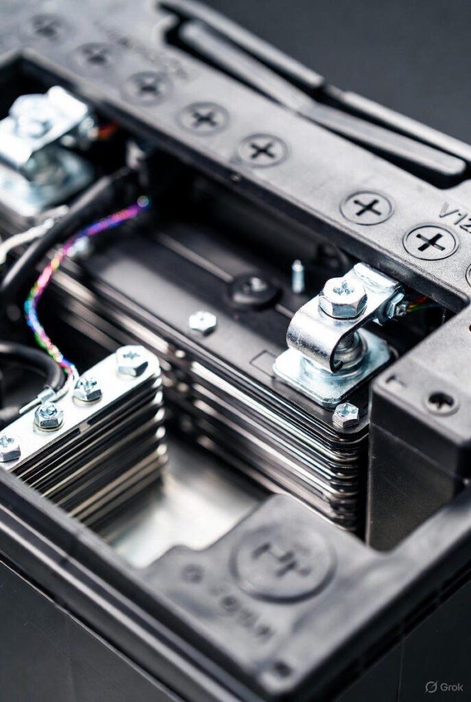 Bosch V12 80Ah Battery Build Quality and Terminals Close-up of Bosch V12 80Ah battery terminals and silver alloy components