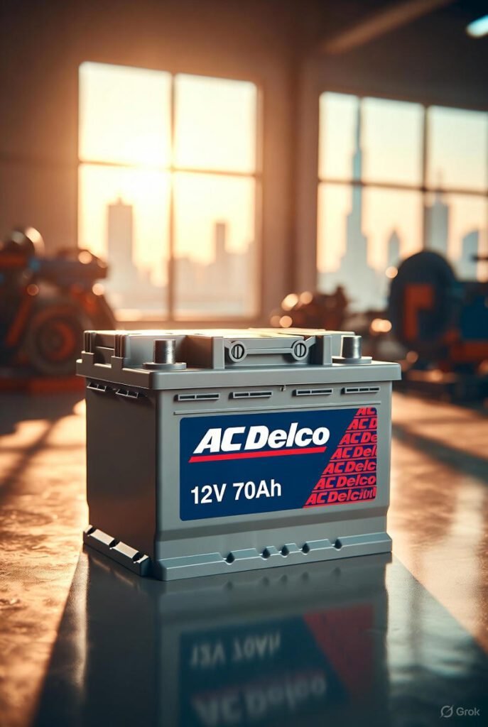 AC Delco 12V-70Ah car battery on a reflective floor in a Dubai workshop with desert sunlight and skyline blur.