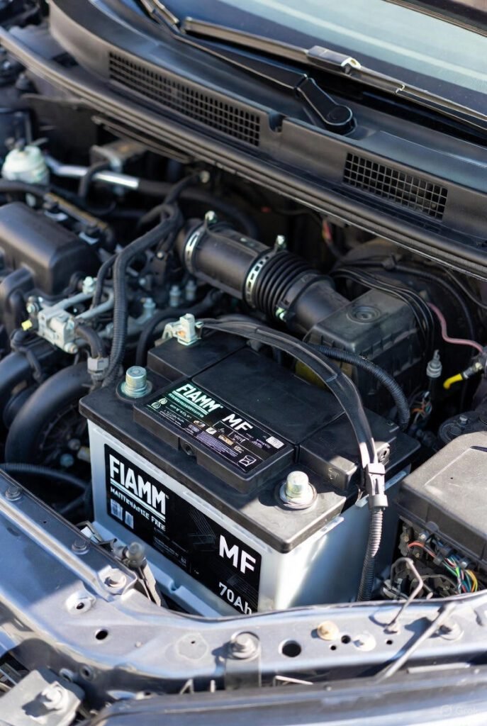 FIAMM Maintenance Free (MF) 70Ah Car Battery Installed in Dubai Car Engine
