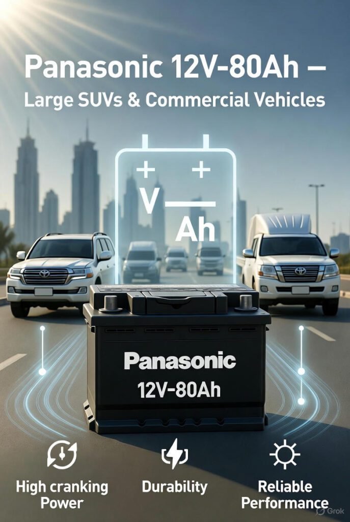 Panasonic 12V–90Ah Car Battery Dubai | Luxury SUVs & Heavy Vehicles Panasonic 12V–90Ah battery for luxury SUVs and heavy vehicles in Dubai streets
