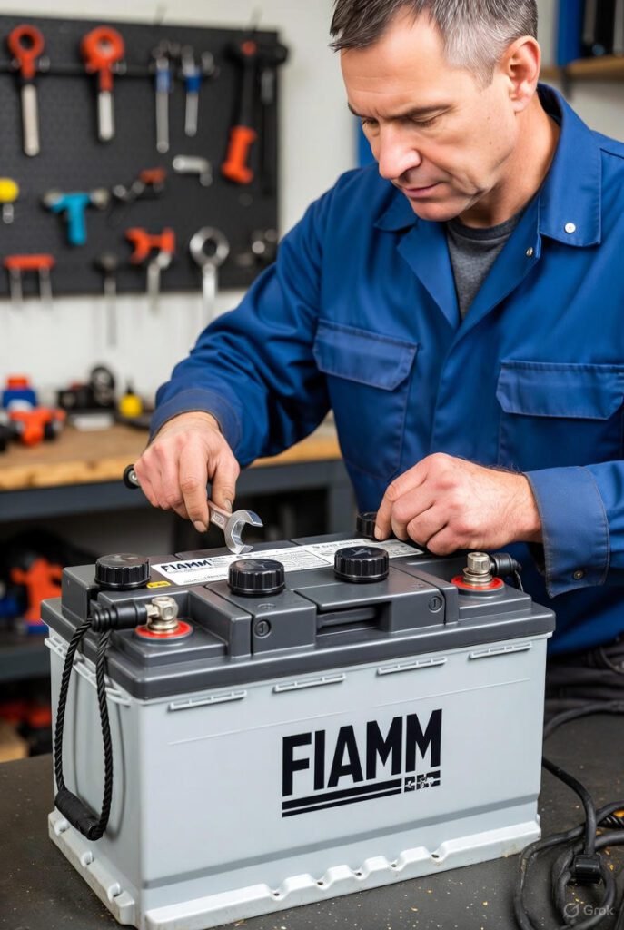 Checklist for maintaining FIAMM flooded lead-acid car batteries in Dubai heat, including electrolyte checks, distilled water top-up, corrosion cleaning, and voltage testing