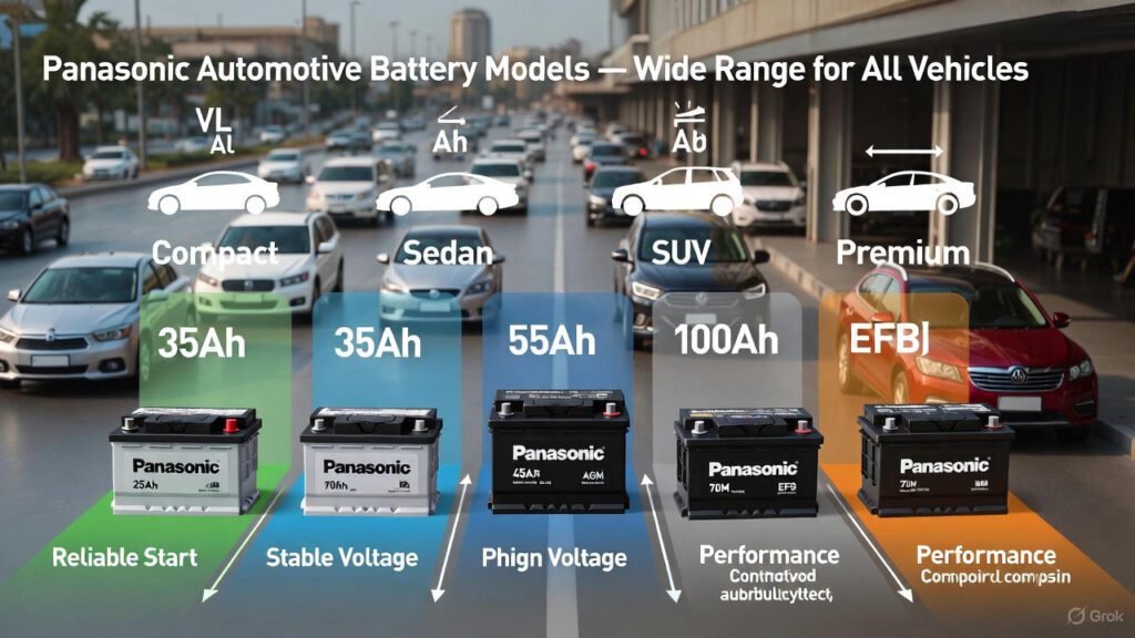 Panasonic Automotive Battery Models Dubai | Full Range for All Vehicles Various Panasonic automotive batteries for cars, SUVs, and premium vehicles in Dubai streets