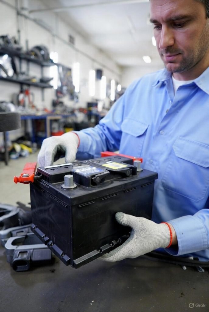 Technician verifying car battery warranty in Dubai