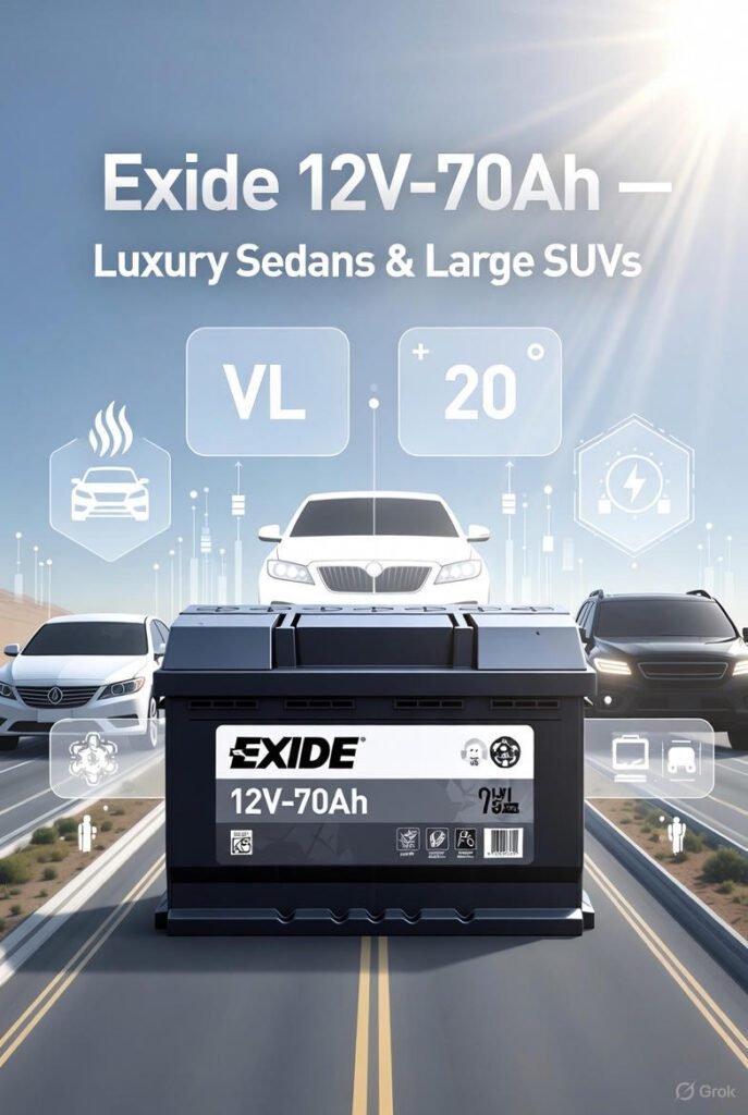 Exide 12V–70Ah Car Battery Dubai | Luxury Sedans & Large SUVs Exide 12V–70Ah battery for luxury sedans and large SUVs in Dubai streets