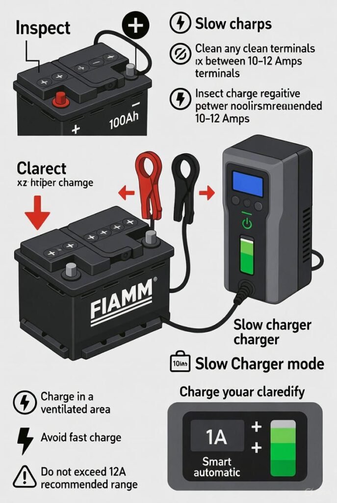 Infographic of a FIAMM 100Ah battery being slow charged at 10–12 amps with correct clamp placement, charging mode selection, progress indicator bar, and safety notes like ventilation and avoiding fast charging.