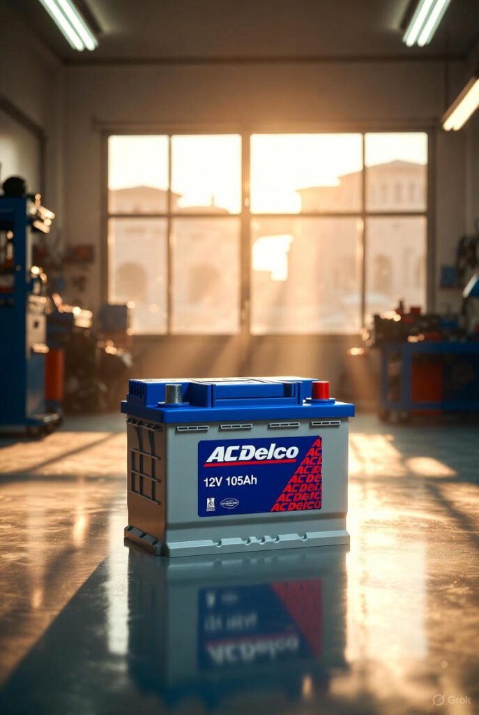 AC Delco 12V-105Ah car battery in a Dubai workshop with desert sunlight and skyline blur.