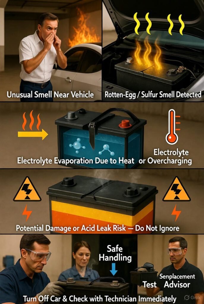 Car battery releasing sulfur smell due to electrolyte evaporation, visual signs of overheating and caution indicators in hot conditions.