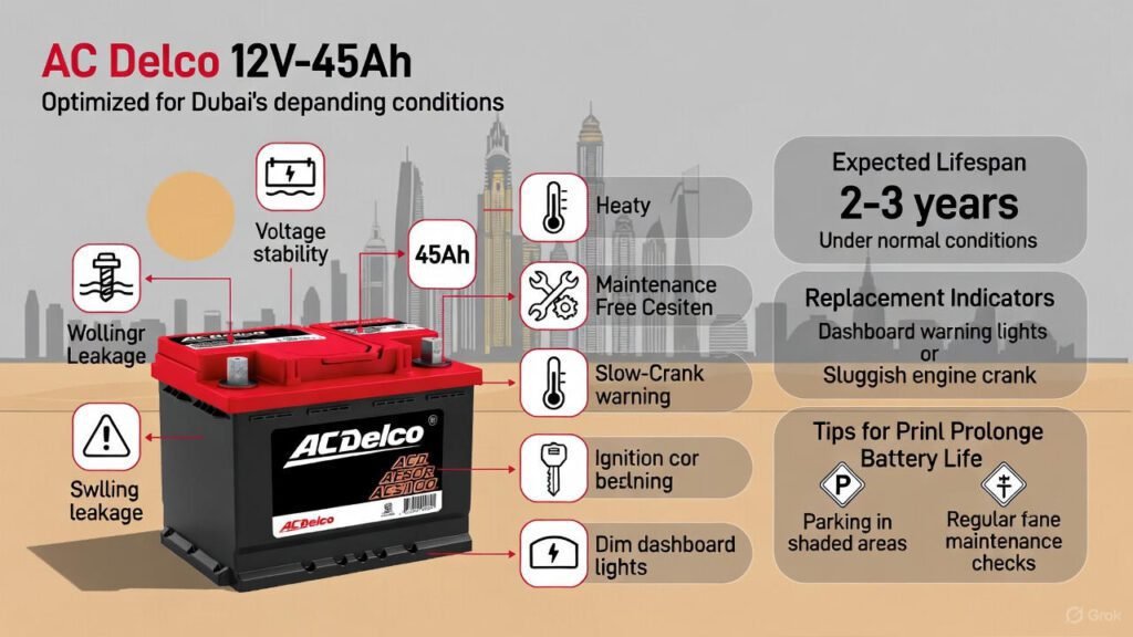 Infographic-style visual of AC Delco 12V‑45Ah car battery showing key features, Dubai heat considerations, voltage stability, maintenance-free design, replacement indicators, and tips for extending battery life.