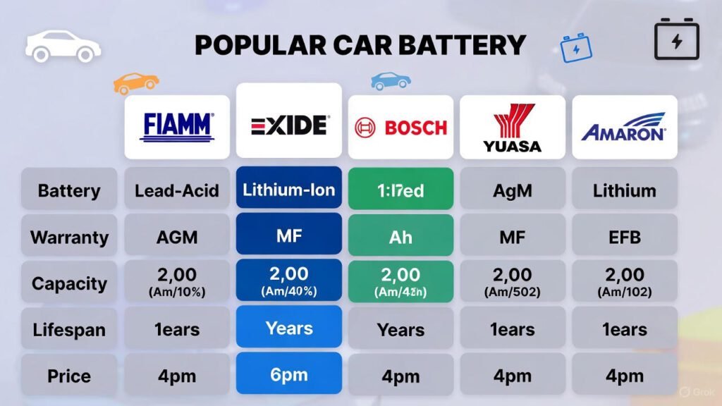 "Detailed Comparison of Car Battery Brands Infographic" "Infographic comparing popular car battery brands including FIAMM, Exide, Bosch, Yuasa, and Amaron, showing battery type, warranty, capacity, lifespan, and price range."