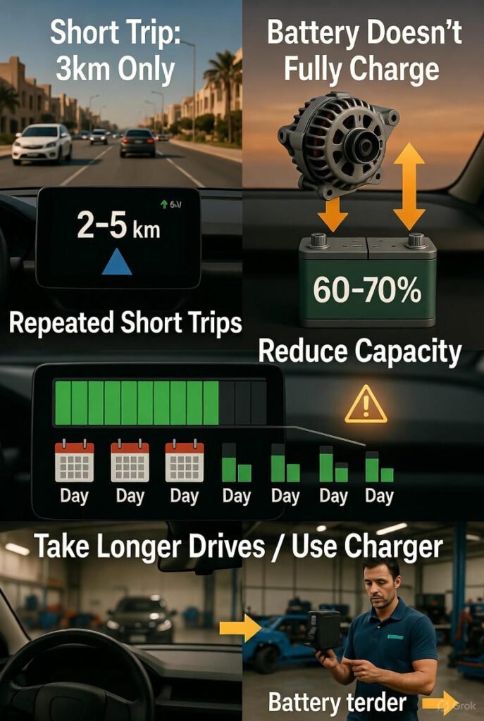 Car parked in direct sunlight causing battery temperature to rise, heat waves and icons showing thermal impact and performance loss.