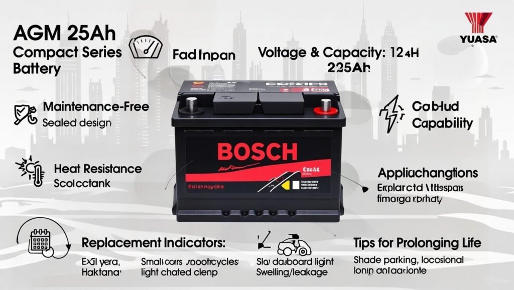 Infographic showing AGM 25Ah Compact Series battery with voltage, 25Ah capacity, maintenance-free design, heat & vibration resistance, fast charging, applications, expected lifespan, replacement indicators, and tips for prolonging battery life for Dubai drivers (2026).