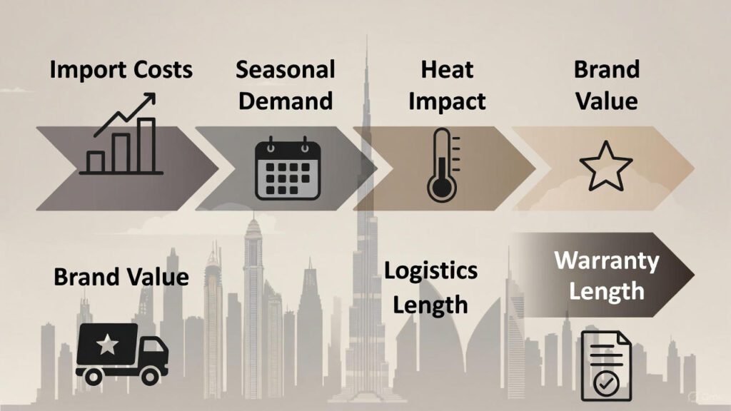 Visual infographic showing UAE battery market price influence factors with icons for import duties, seasonal demand, battery type cost tiers, warranty pricing impact, and Dubai market behavior.