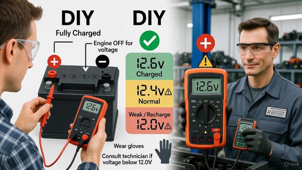 Infographic showing a car battery voltage check with a multimeter displaying common voltage readings and color-coded results, split between DIY home check and technician workshop diagnostic.