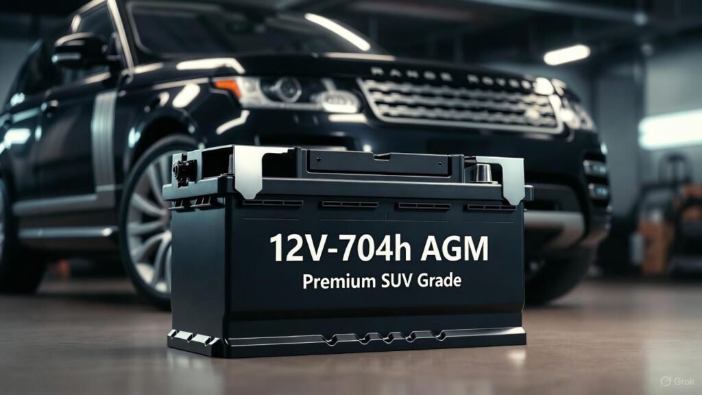 AGM 12V-70Ah Premium SUV Grade Car Battery – High-Performance Power Solution High-performance AGM 12V-70Ah premium SUV-grade car battery displayed beside a luxury SUV in a showroom-style environment, product-focused with cinematic lighting.